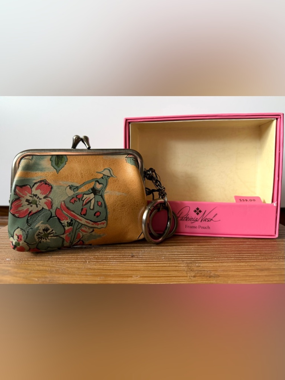 Patricia Nash Floral Frame Pouch in Tan, Pink and Green